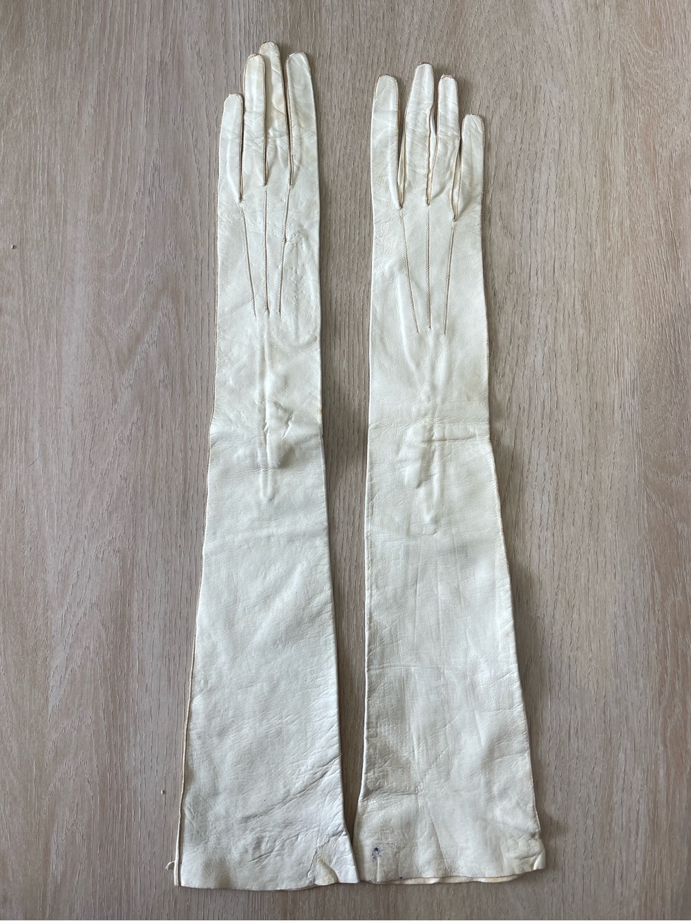 Vintage Ivory Leather Opera Gloves Long Formal Evening Gloves Button Wrist 18”